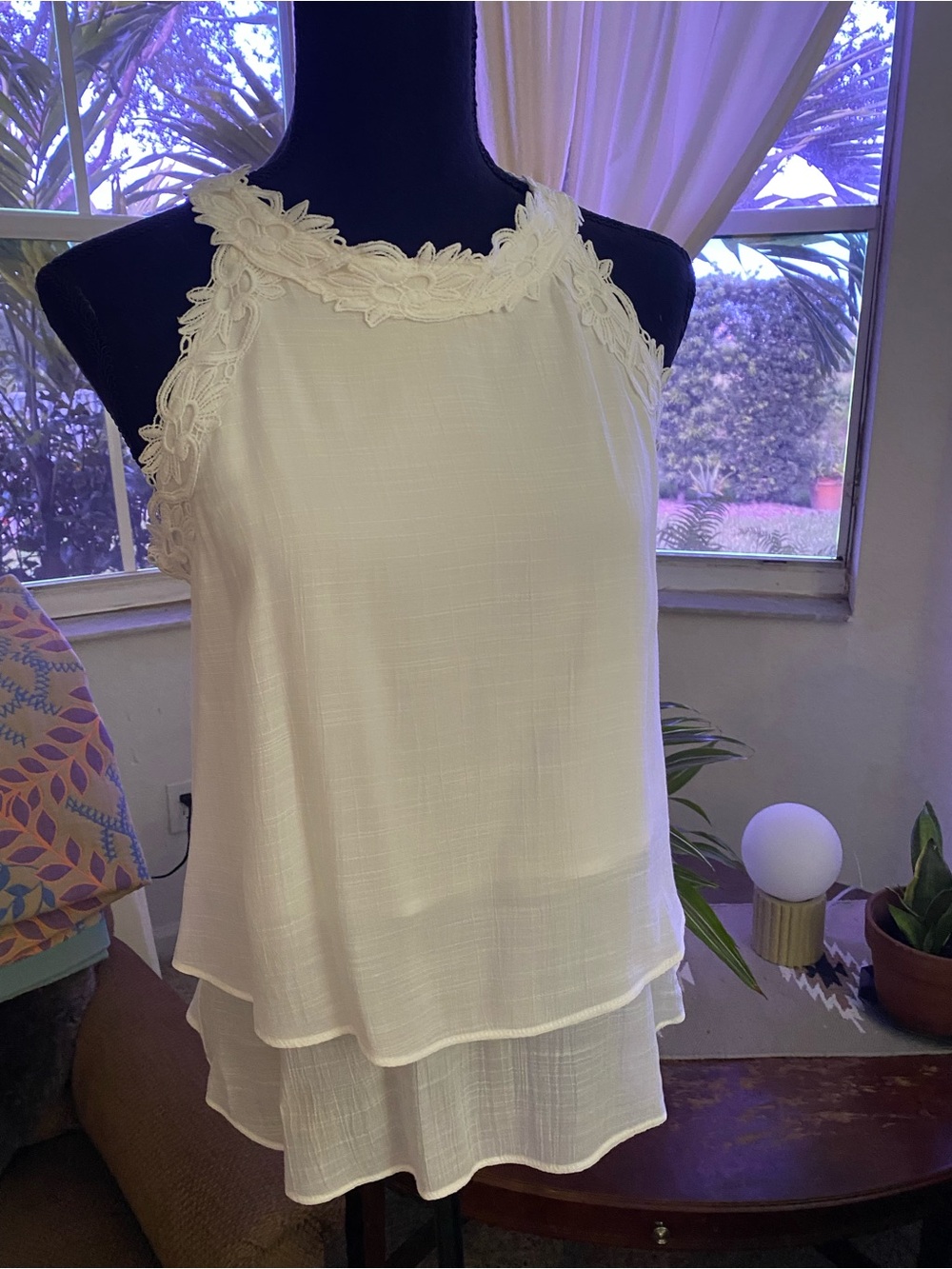 BCX White Lace-Trim gauze halter top